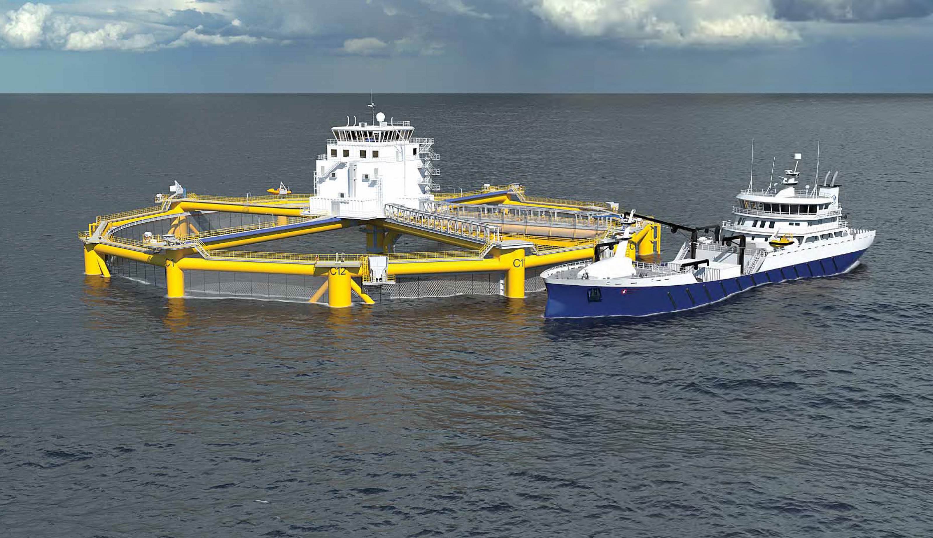 A rendering shows a fish farm cage at sea with a supply vessel docking nearby