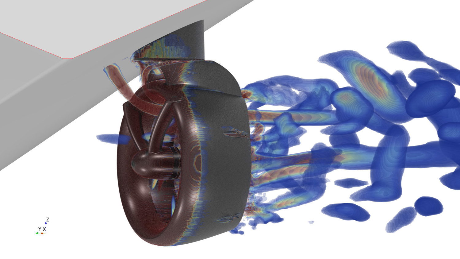 CFD visualisation of flow through a rim drive azimuth thruster, showing velocity structures and turbulence in the wake with colour‑coded flow patterns