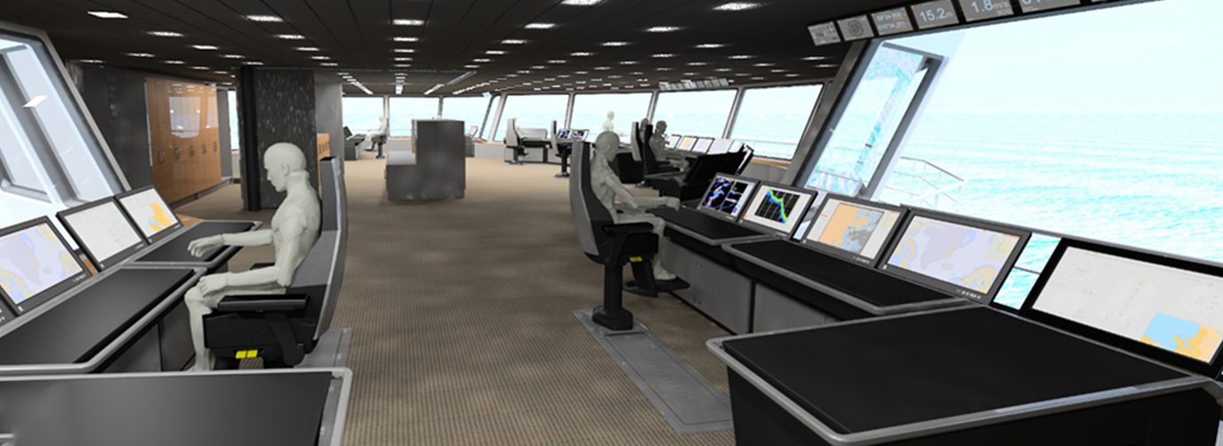 A wide view of a modern ship bridge or control room with multiple operator stations arranged along large forward-facing windows.