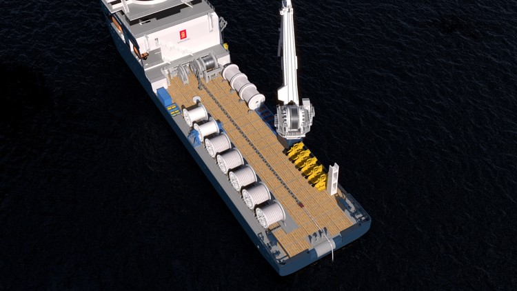 A large offshore construction vessel is seen from ahigh level