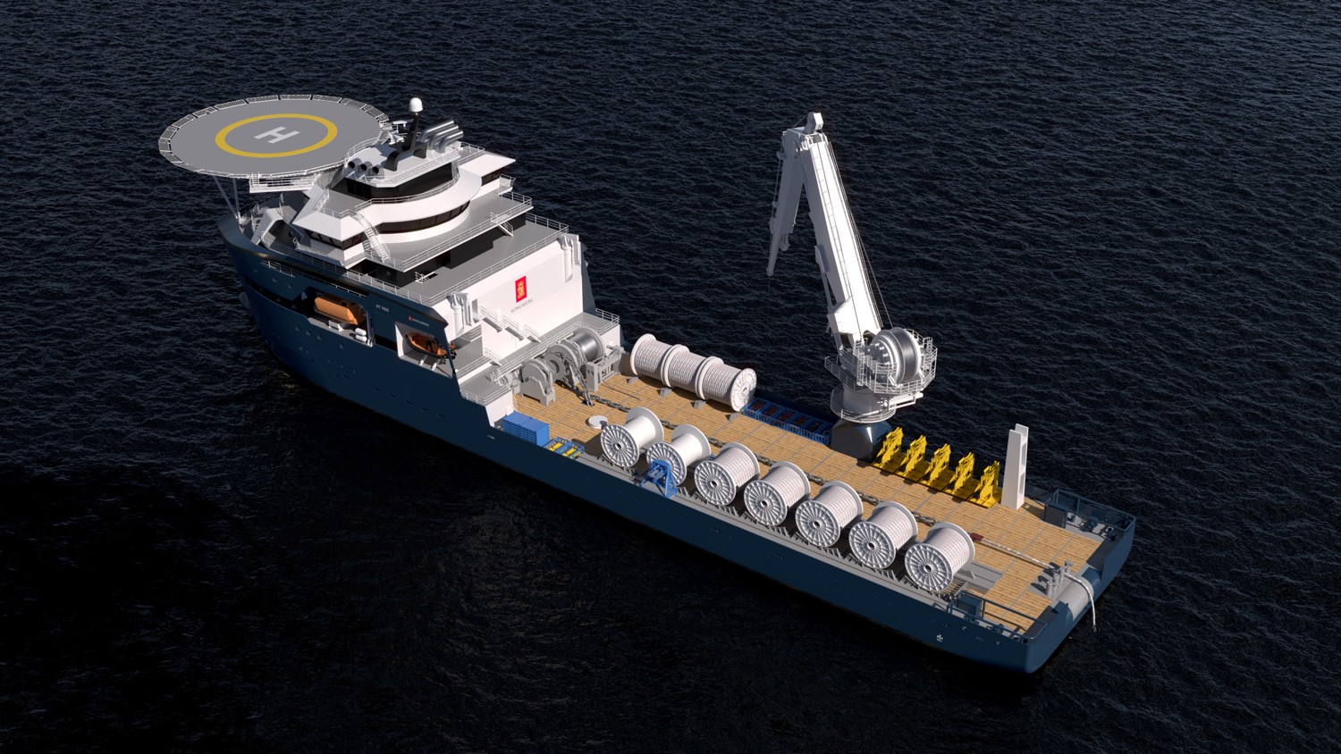 A 3D-rendered offshore support vessel sailing in dark blue water, shown from an elevated angle.