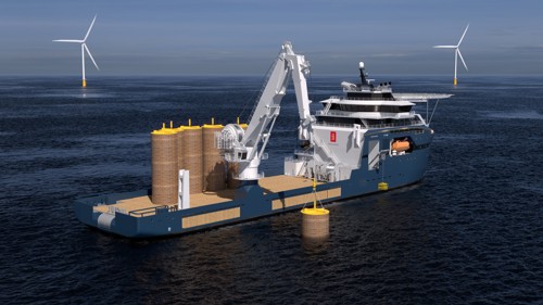 A large offshore installation vessel at sea equipped with a wide working deck and a tall crane positioned near the center
