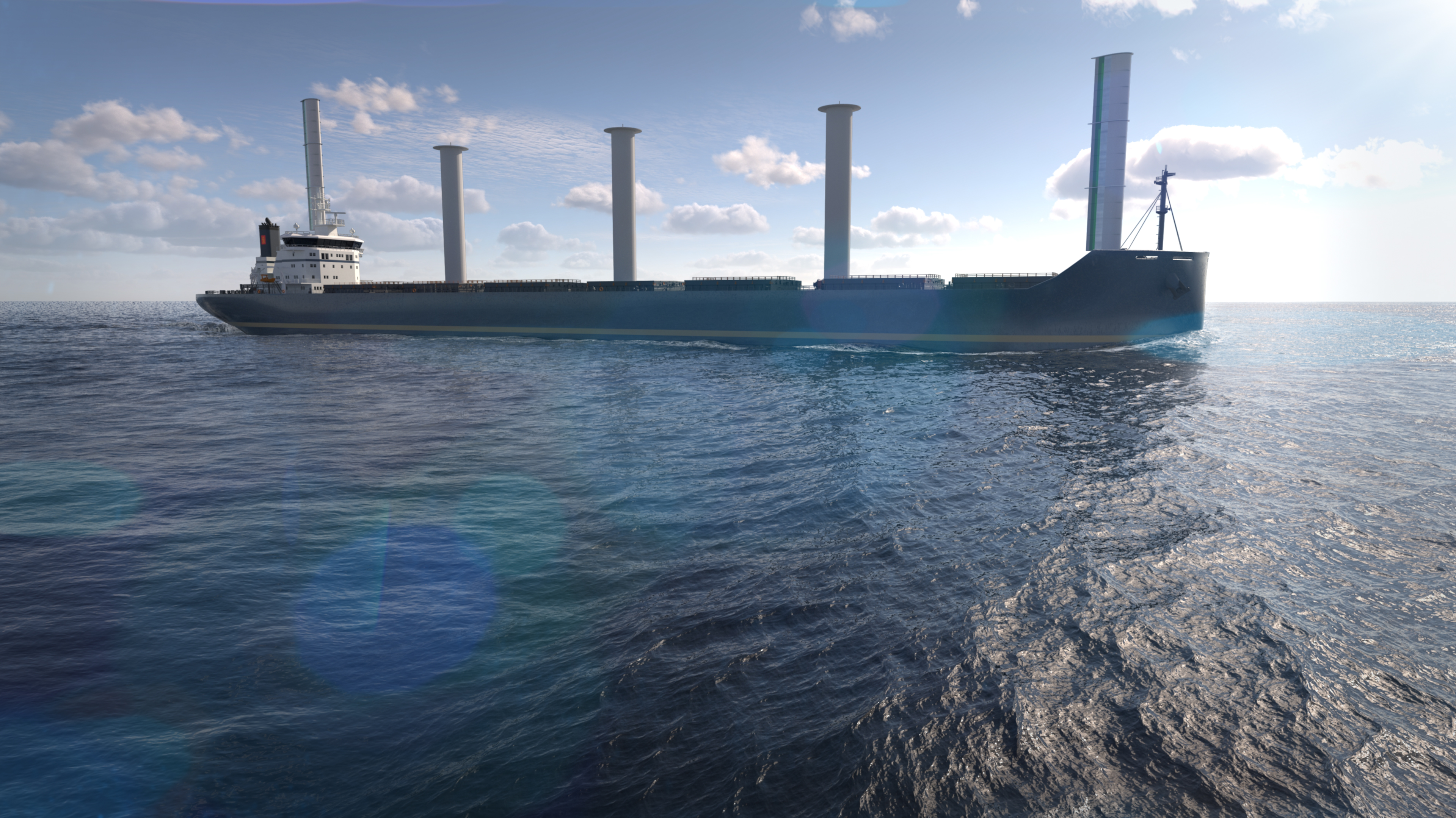 A 3D rendering shows a modern bulker vessel equipped with wind-assist technology in calm seas