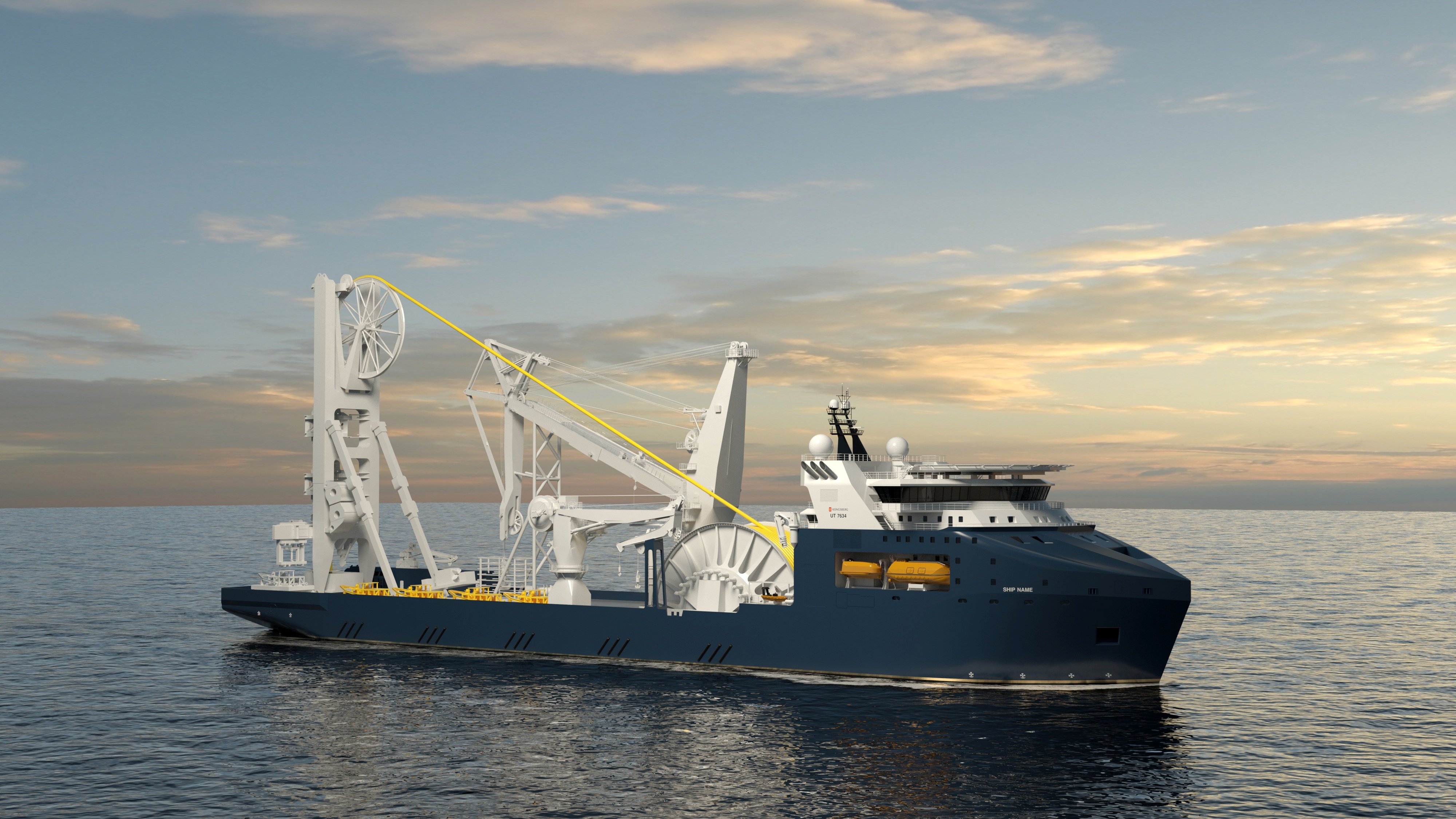 A 3D rendering depicts a pipe layer vessel moving slowly in calm seas with a sunset sky background