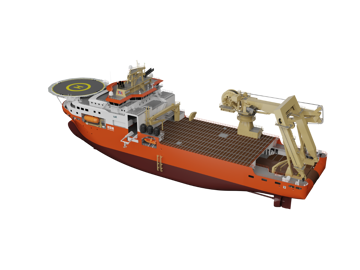 D vessel rendering showing the multi-purpose deepwater installation and construction vessel equipped for offshore installation and subsea operations.