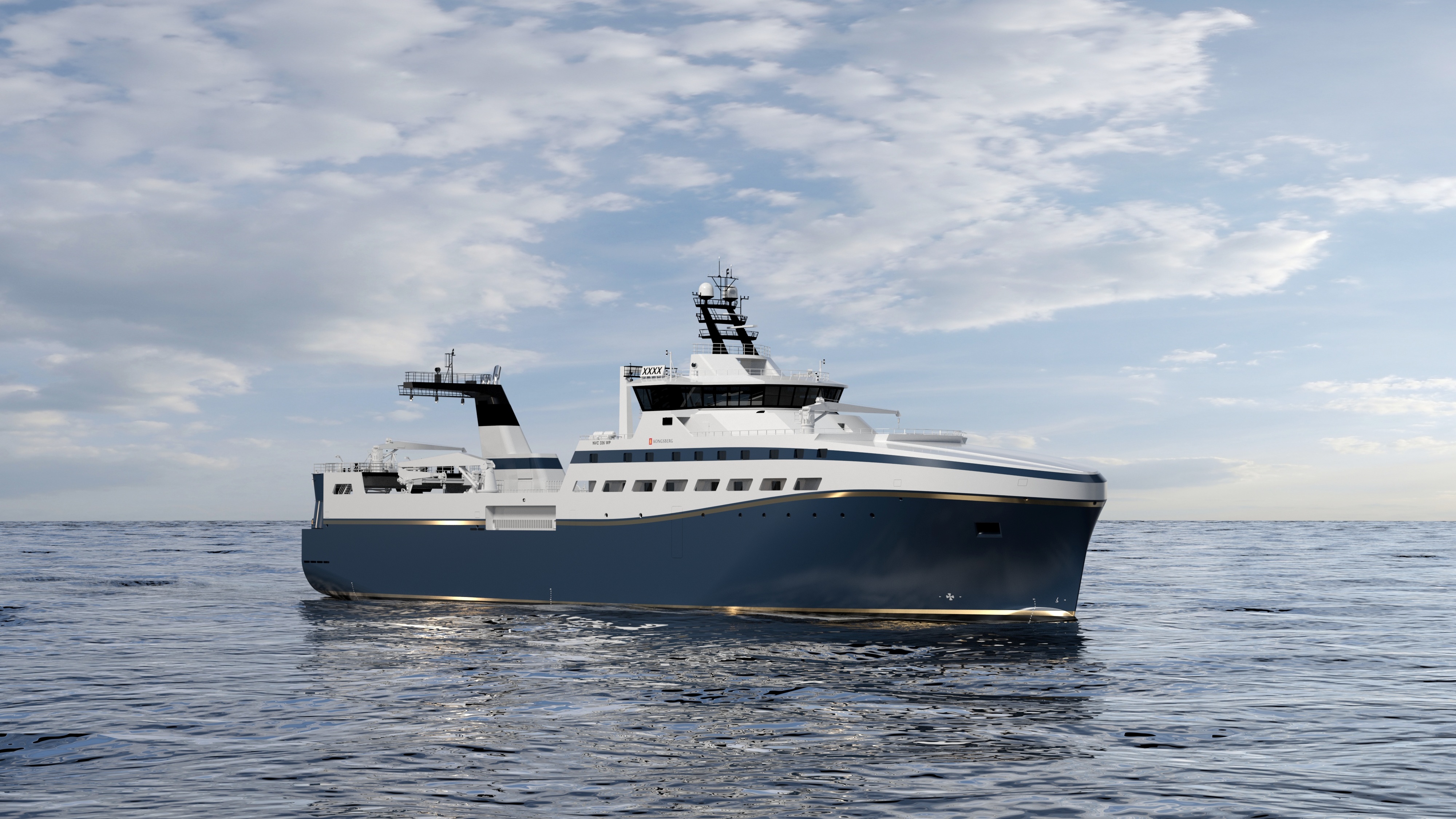 A 3D rendering shows a trawling vessel still in breezy conditions at sea with a clear sky