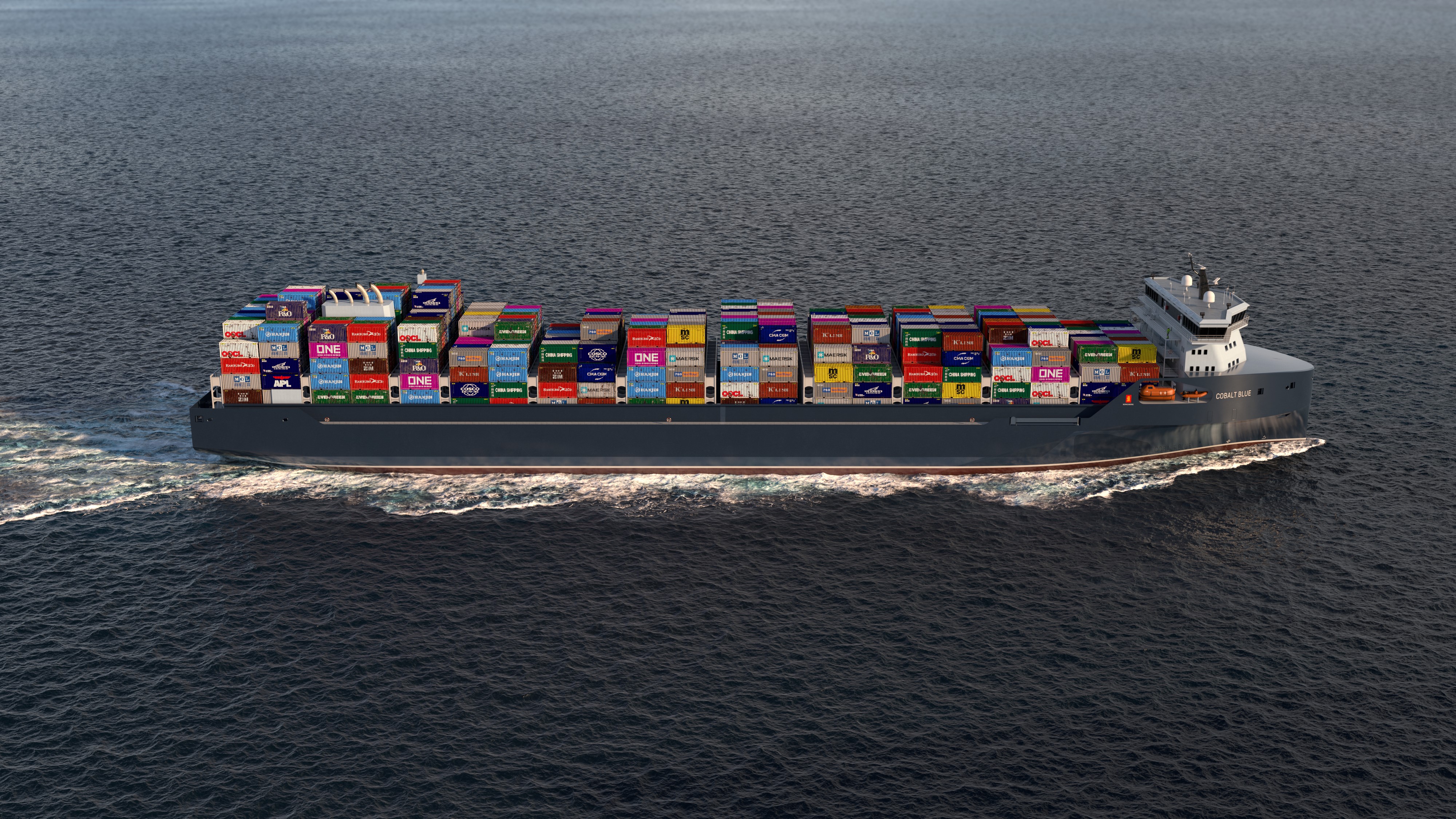 A 3D rendering of a fully-laden modern-looking container feeder vessel sailing in calm seas