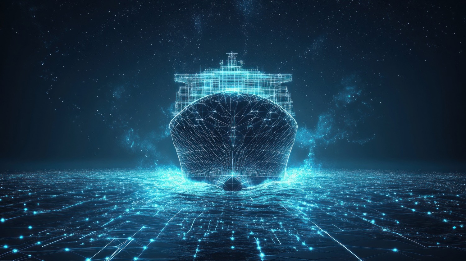 Front-facing view of a ship rendered as a glowing blue wireframe model emerging from a digital grid surface on the sea