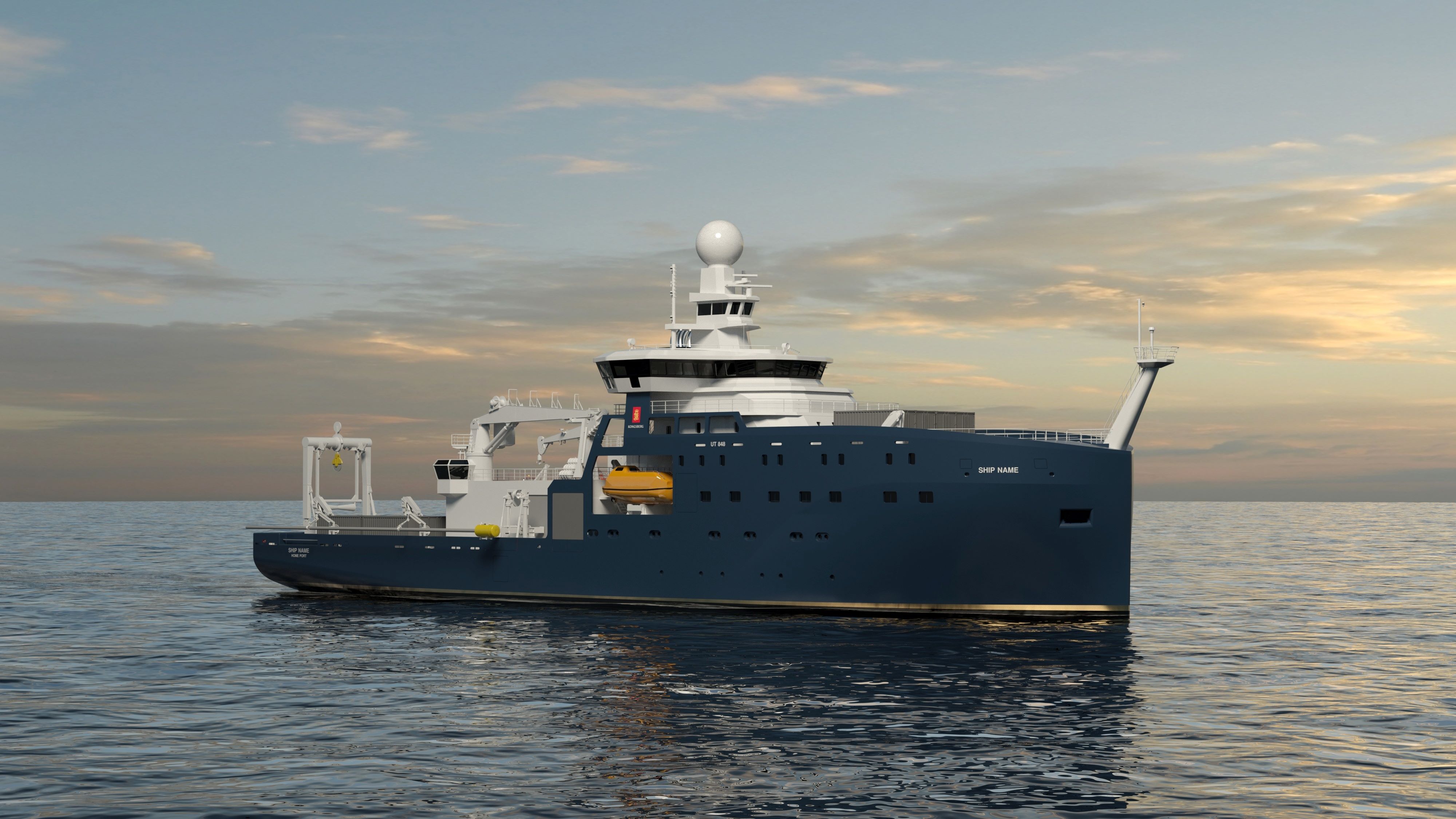 A 3D rendering of an oceanographic research vessel still on a calm sea with a sunset in the background