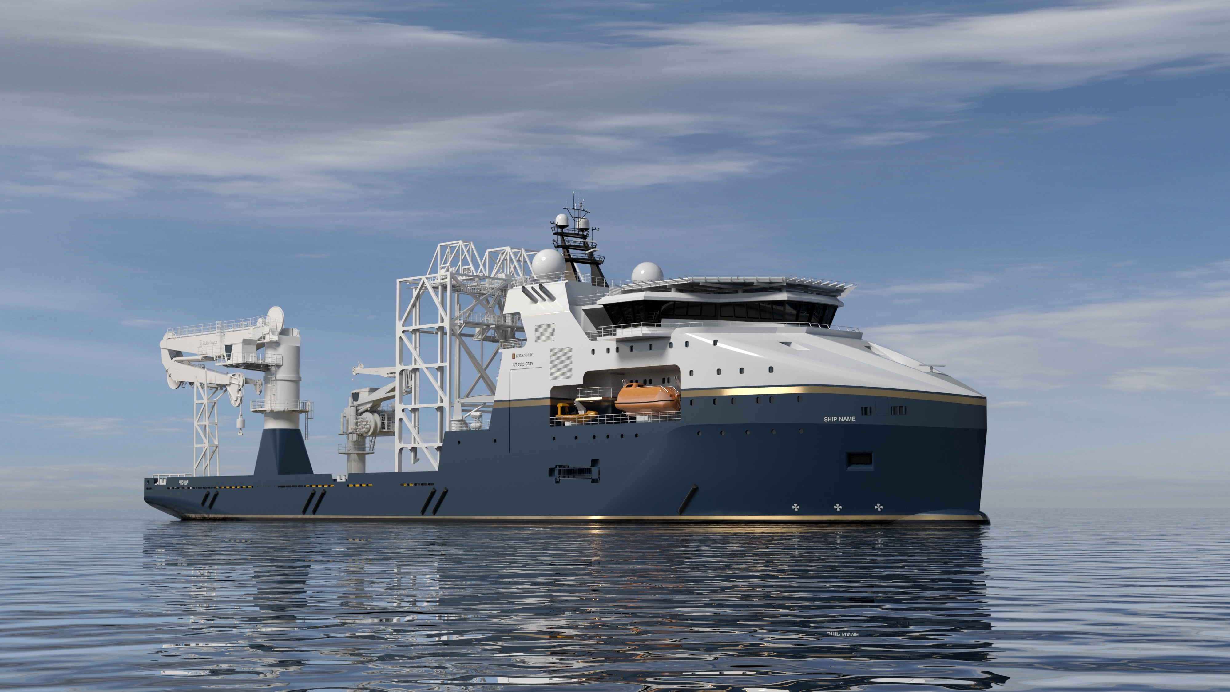A 3D rendering shows an offshore construction vessel design sitting still in calm seas with blue skies