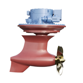 Marine thruster unit with bronze propeller and red underwater housing, isolated on a transparent background.