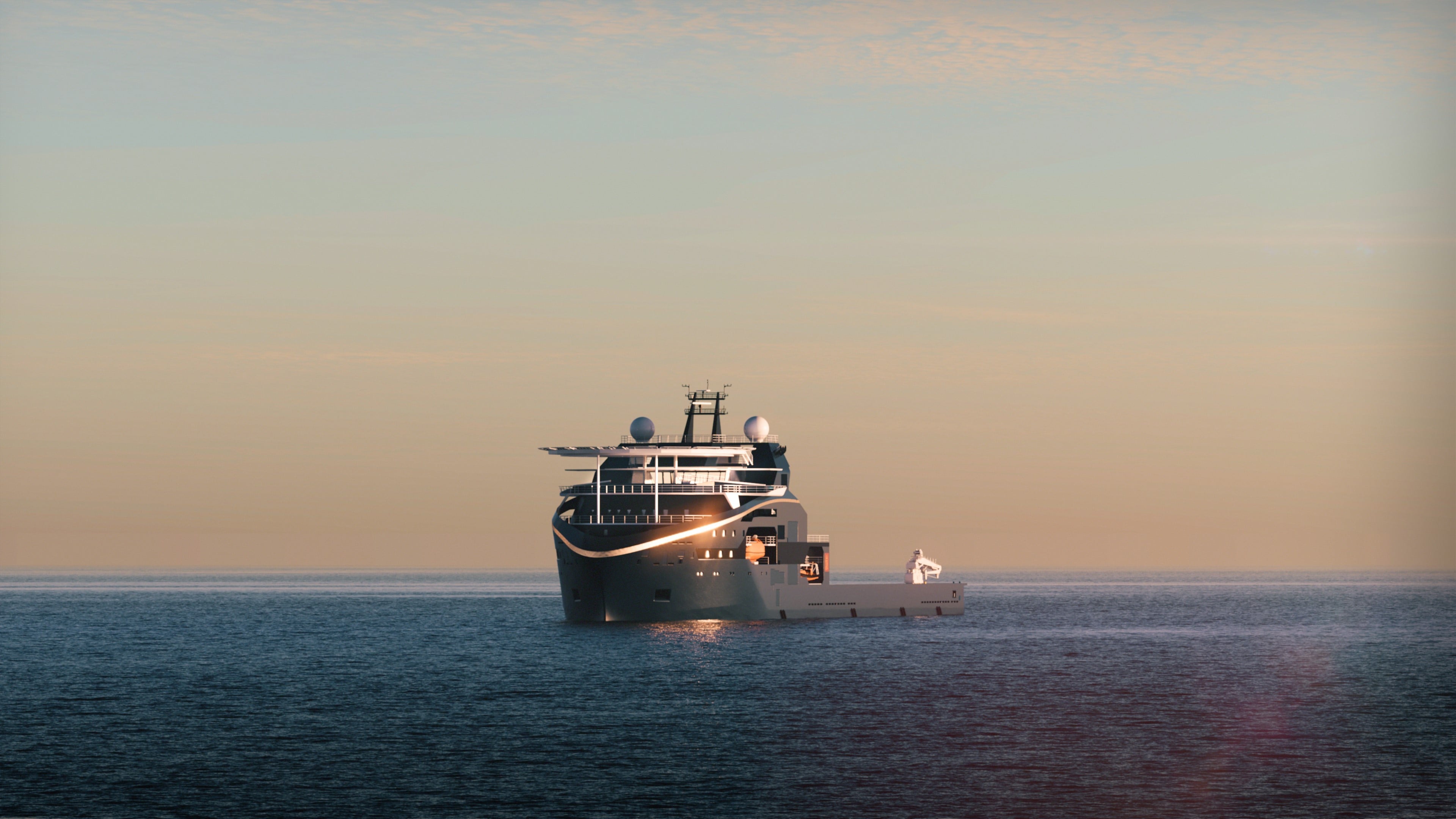 A large, modern yacht is seen from the front, sailing across calm open water under soft sunset lighting.