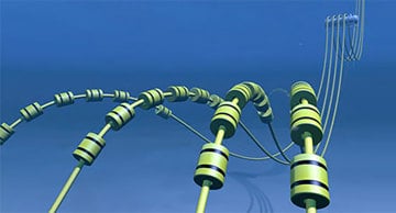 3D illustration of a flexible riser system, with buoyancy elements shown farther in the image background