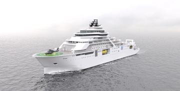 Rendering of Inkfish's new research vessel equipped with an AUV hangar and subsea docking capabilities for autonomous underwater vehicle operations.