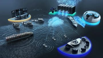 Illustrated maritime digital ecosystem showing multiple vessels and offshore assets connected through glowing, data-driven interfaces on the ocean.