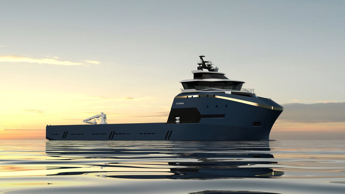 Kongsberg Maritime UT 7400 platform supply vessel with dark blue hull and golden lines