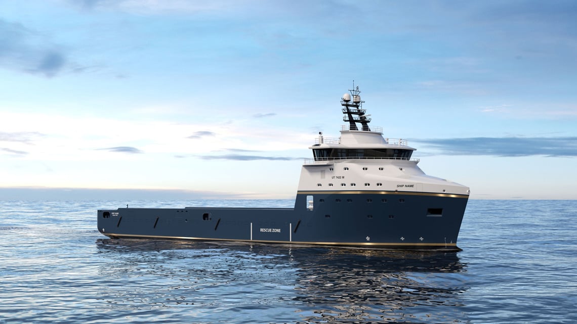 Kongsberg Maritime UT 7422 platform supply vessel with dark blue hull and golden lines