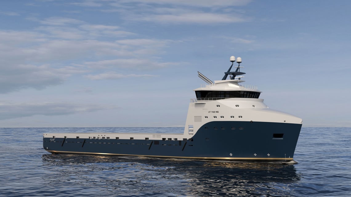 Kongsberg Maritime UT 7422 NH, ammonia fuelled platform supply vessel with dark blue hull and golden lines