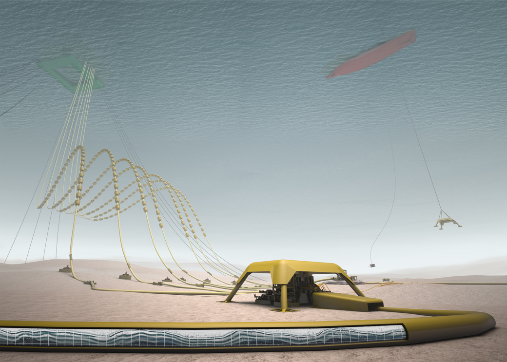 3D visualisation of subsea infrastructure, with cables and risers connected to seabed equipment and a floating structure above, and an installation vessel operating nearby