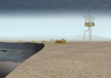 3D illustration of a subsea oil and gas field showing an offshore platform connected to seabed infrastructure, including pipelines, cables and underwater production equipment on the seafloor